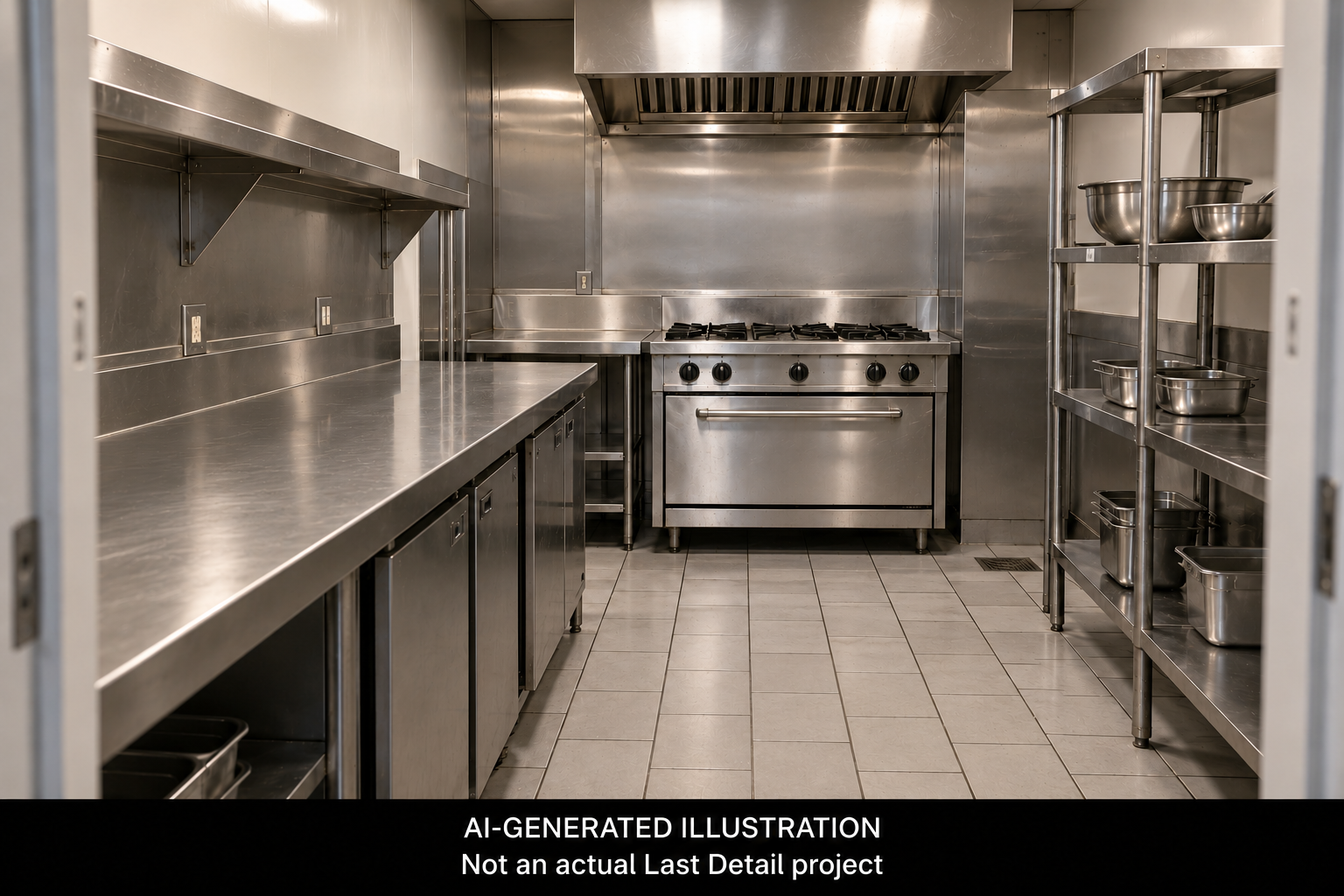 AI-generated illustration of the same fictional kitchen after cleaning. Not an actual Last Detail project.