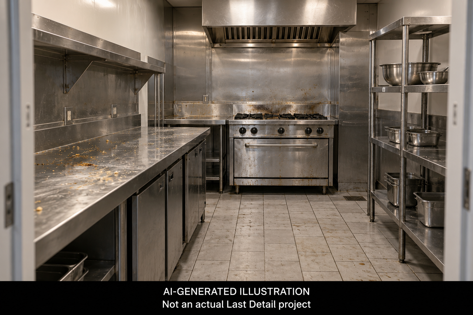 AI-generated illustration of a commercial kitchen before cleaning. Not an actual Last Detail project.