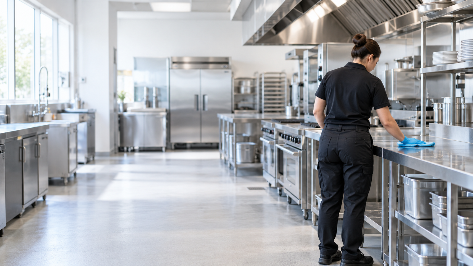Anonymous worker wiping a stainless-steel counter in an AI-generated commercial kitchen scene.
