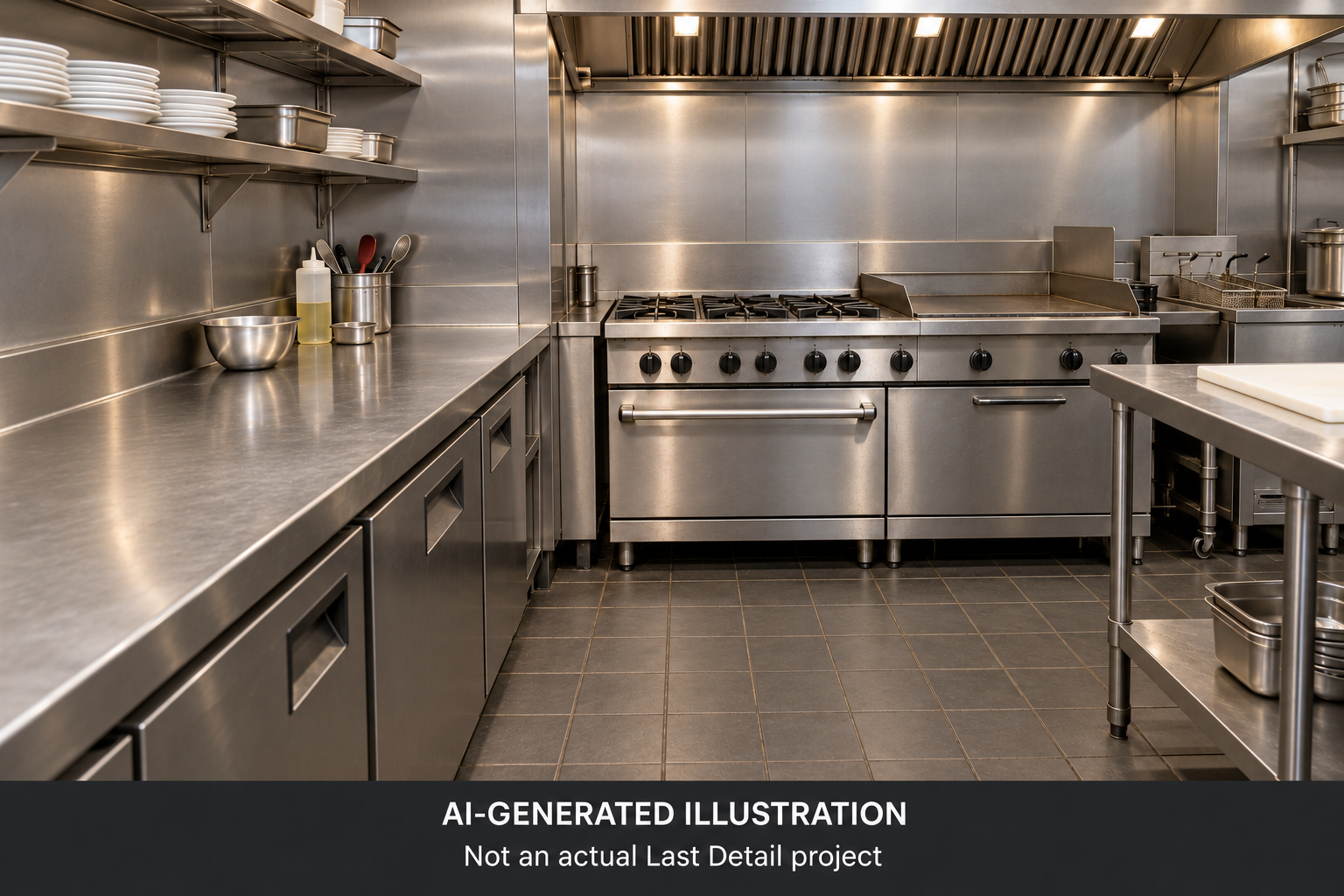 AI-generated illustration of a commercial kitchen with cleaned surfaces. Not an actual Last Detail project.