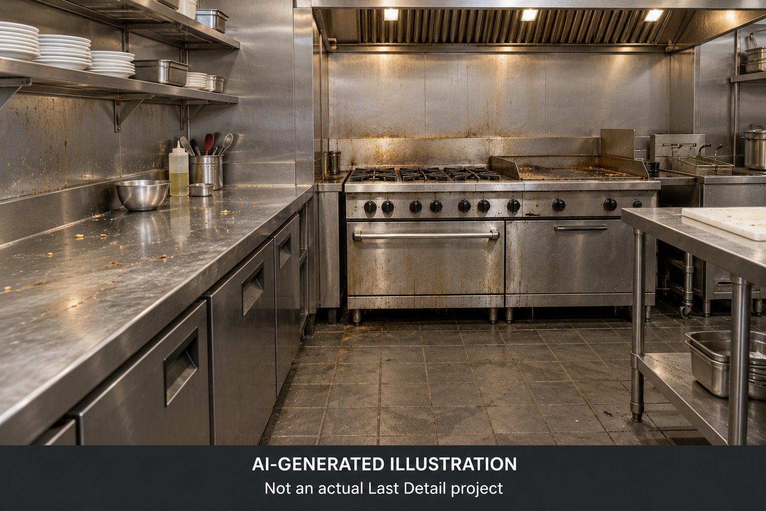 AI-generated illustration of a commercial kitchen with accumulated grease and dirt. Not an actual Last Detail project.