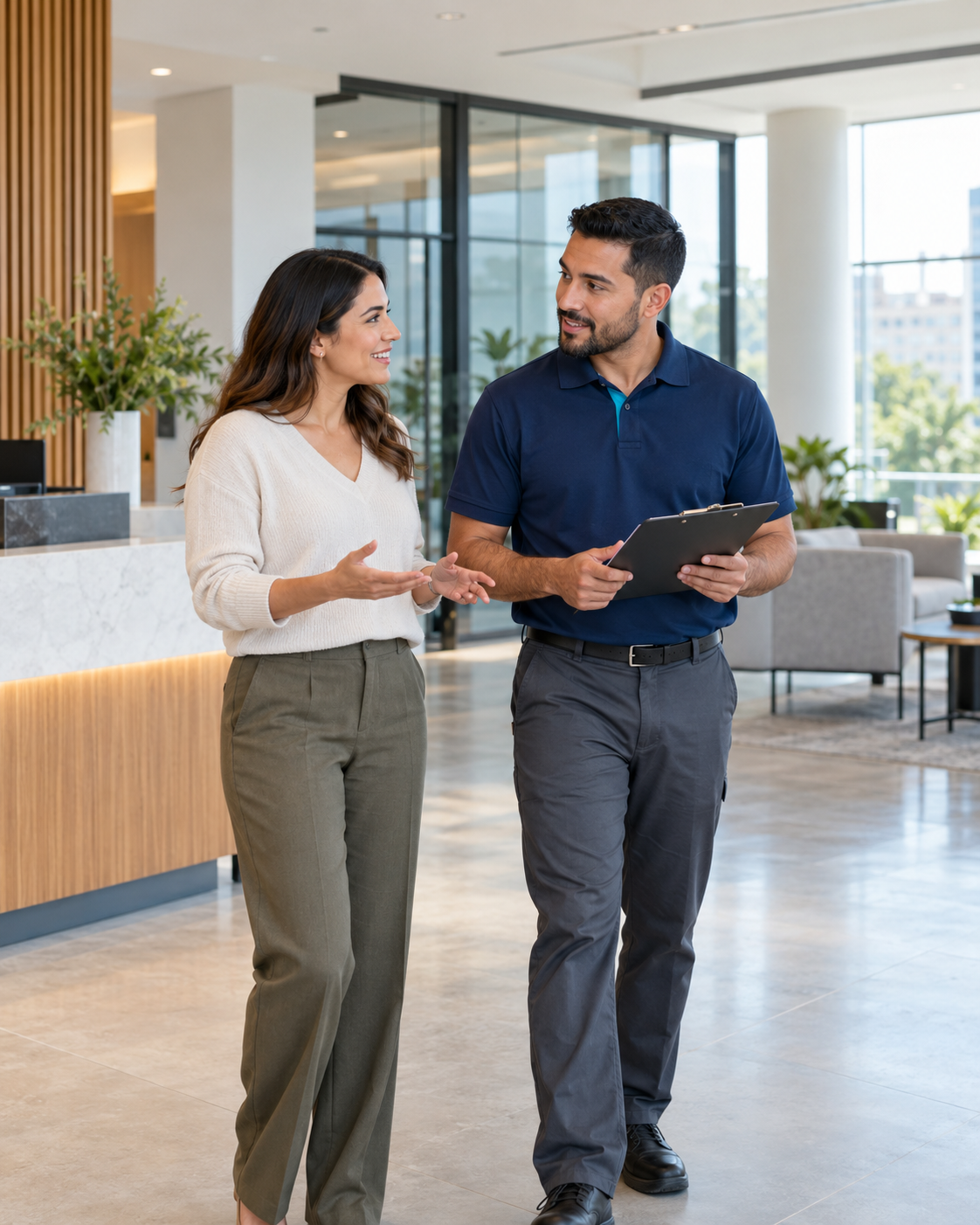 AI-generated illustration of two anonymous adults discussing commercial cleaning needs in a contemporary business reception area.