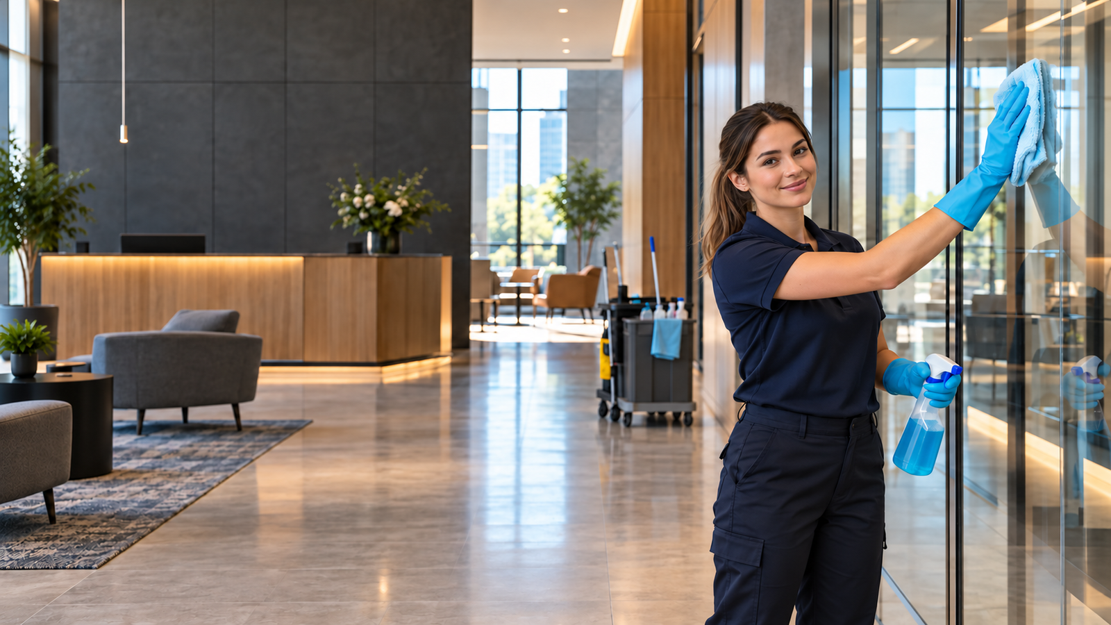 Illustrative image of a cleaner smiling toward the camera while wiping a glass partition in a commercial lobby.