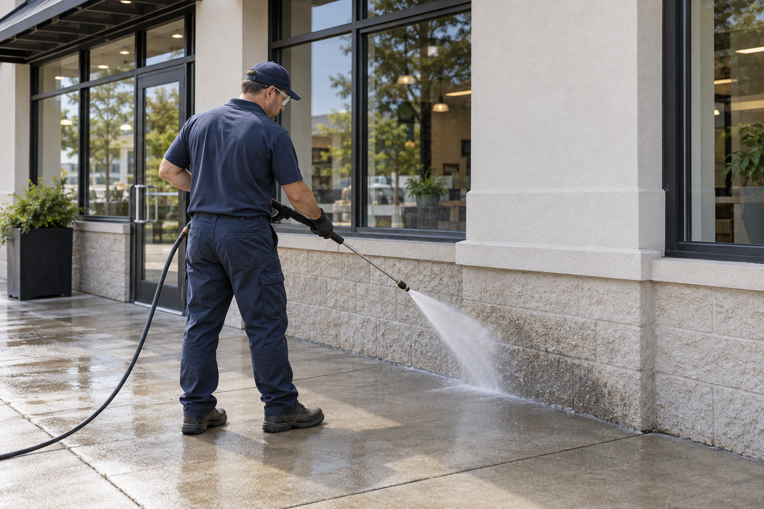 AI-generated illustration of an anonymous worker pressure washing the lower masonry facade of a commercial storefront.