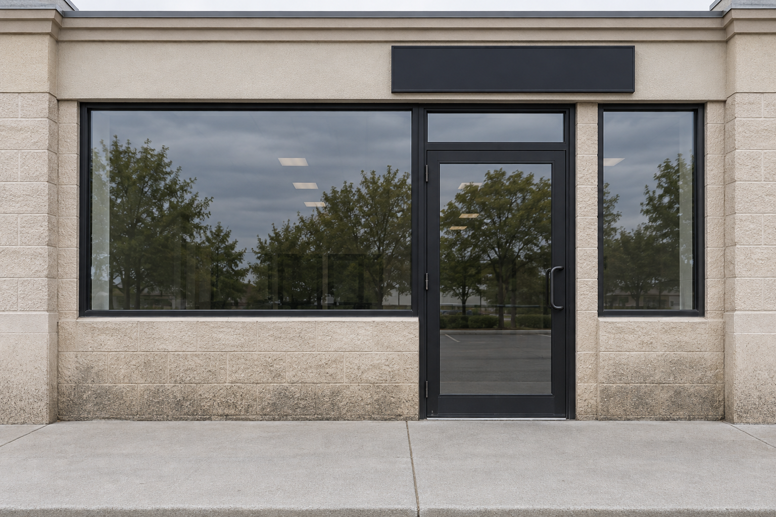 AI-generated illustration of a retail storefront with visible dirt along the lower masonry facade.