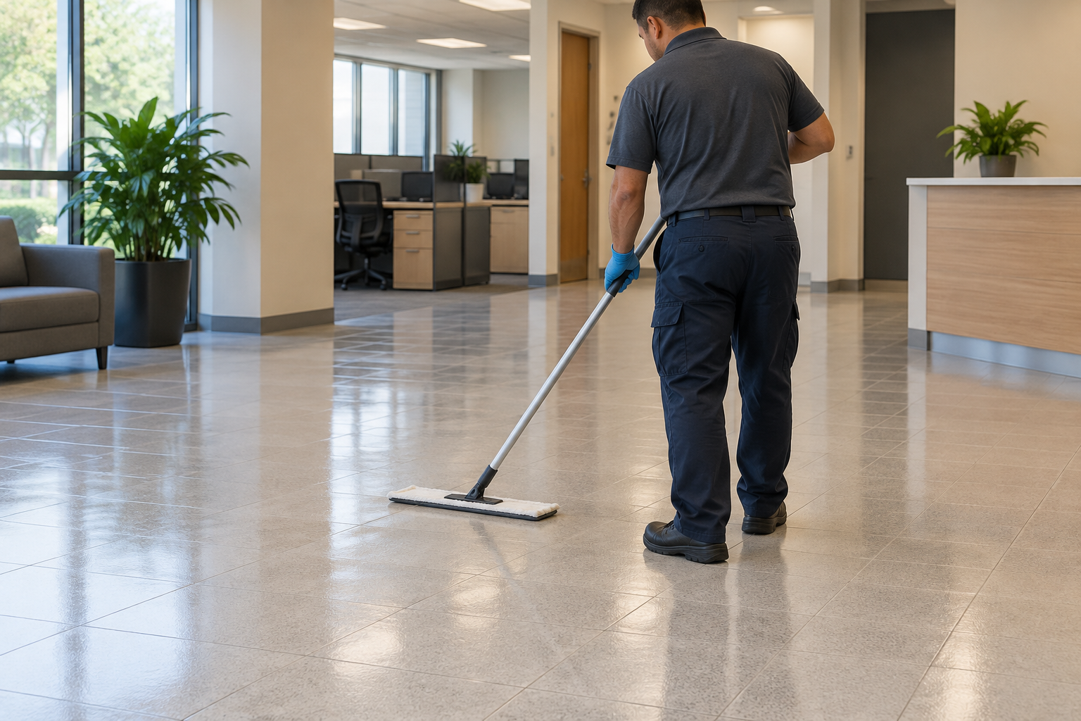 AI-generated illustration of a worker using a floor applicator in a commercial office.