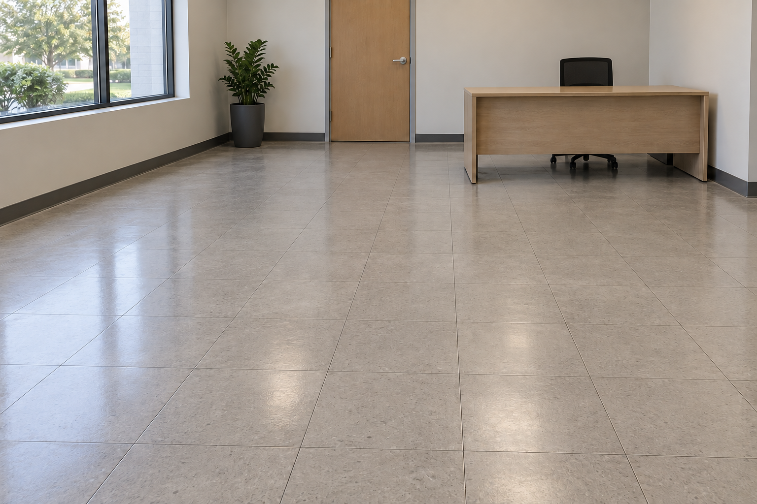 AI-generated illustration of the same office floor with a more even finish and moderate sheen.