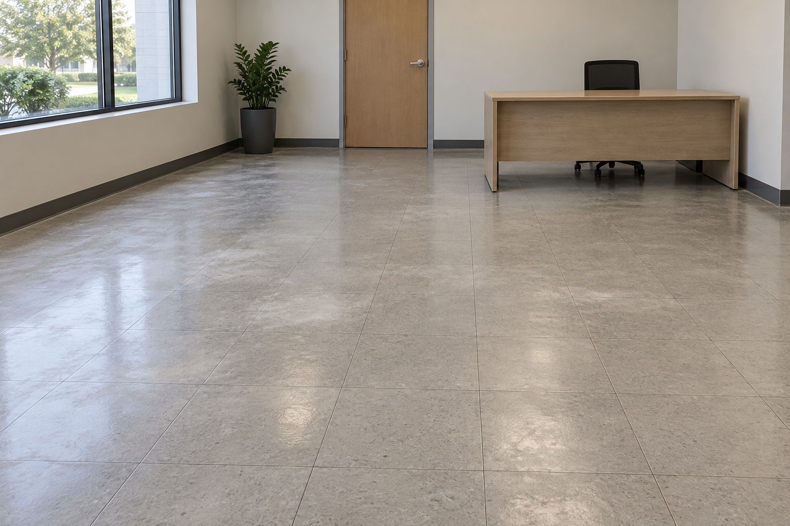 AI-generated illustration of an office floor with a dull, uneven finish and cloudy buildup.