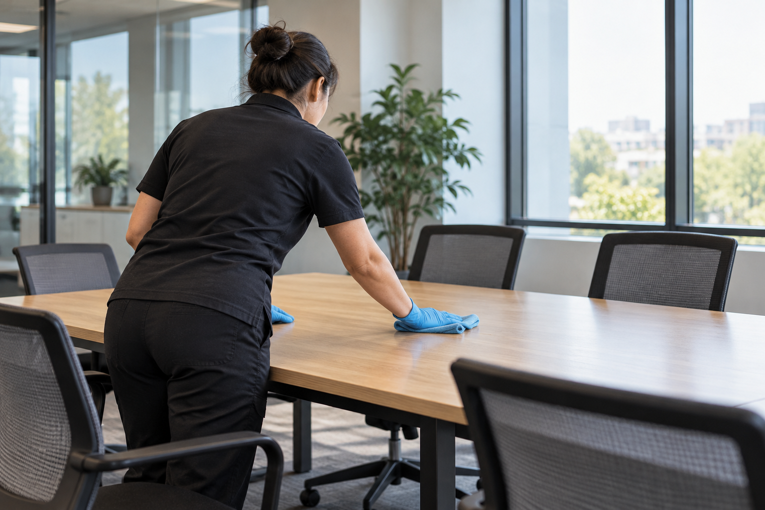 AI-generated illustration of a person wiping a shared office table with a cloth.