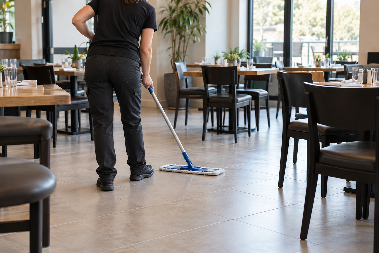 AI-generated illustration of a person mopping a restaurant dining-area floor.