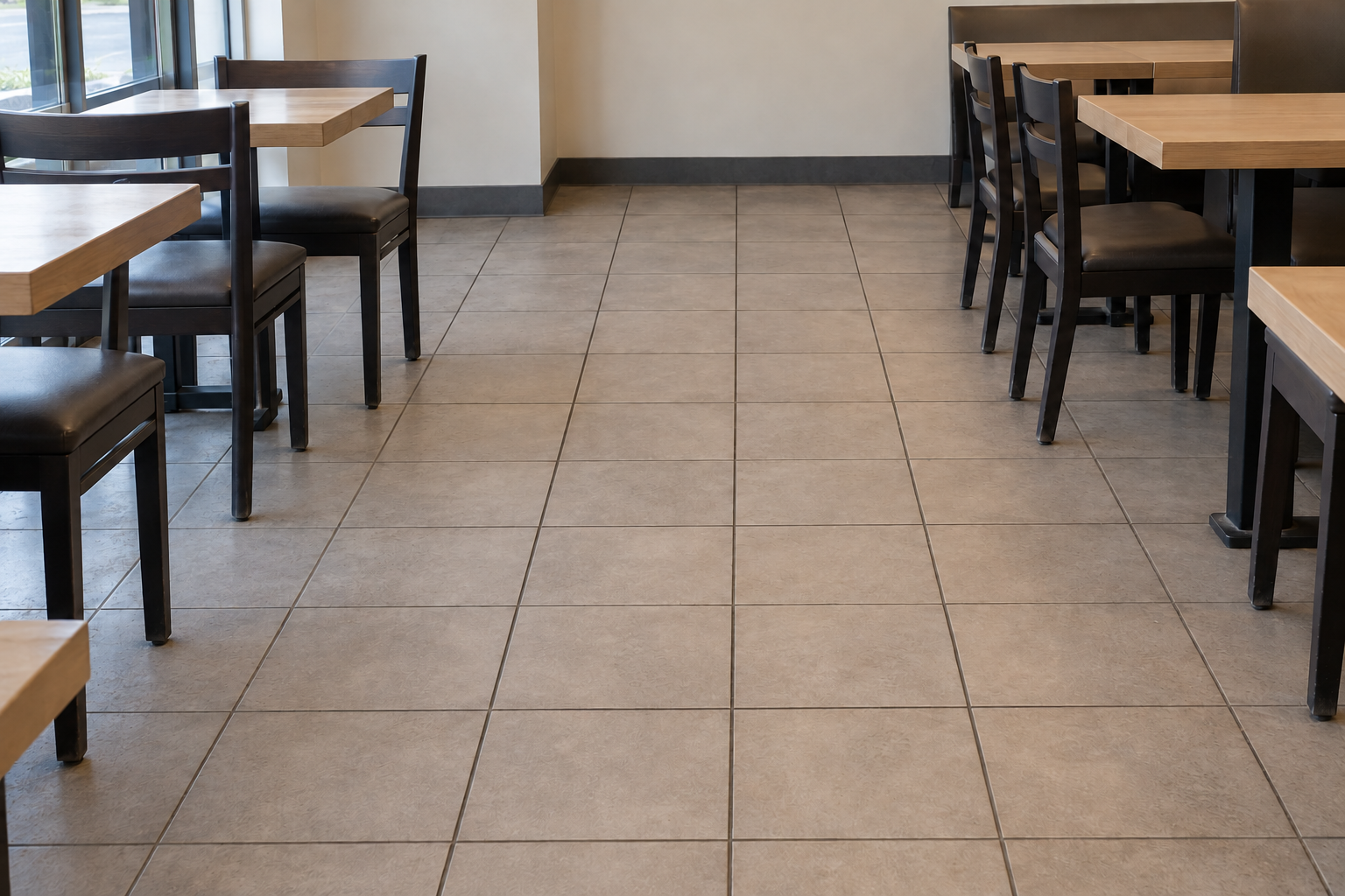 AI-generated illustration of the same dining-area tile floor with visible soil removed.
