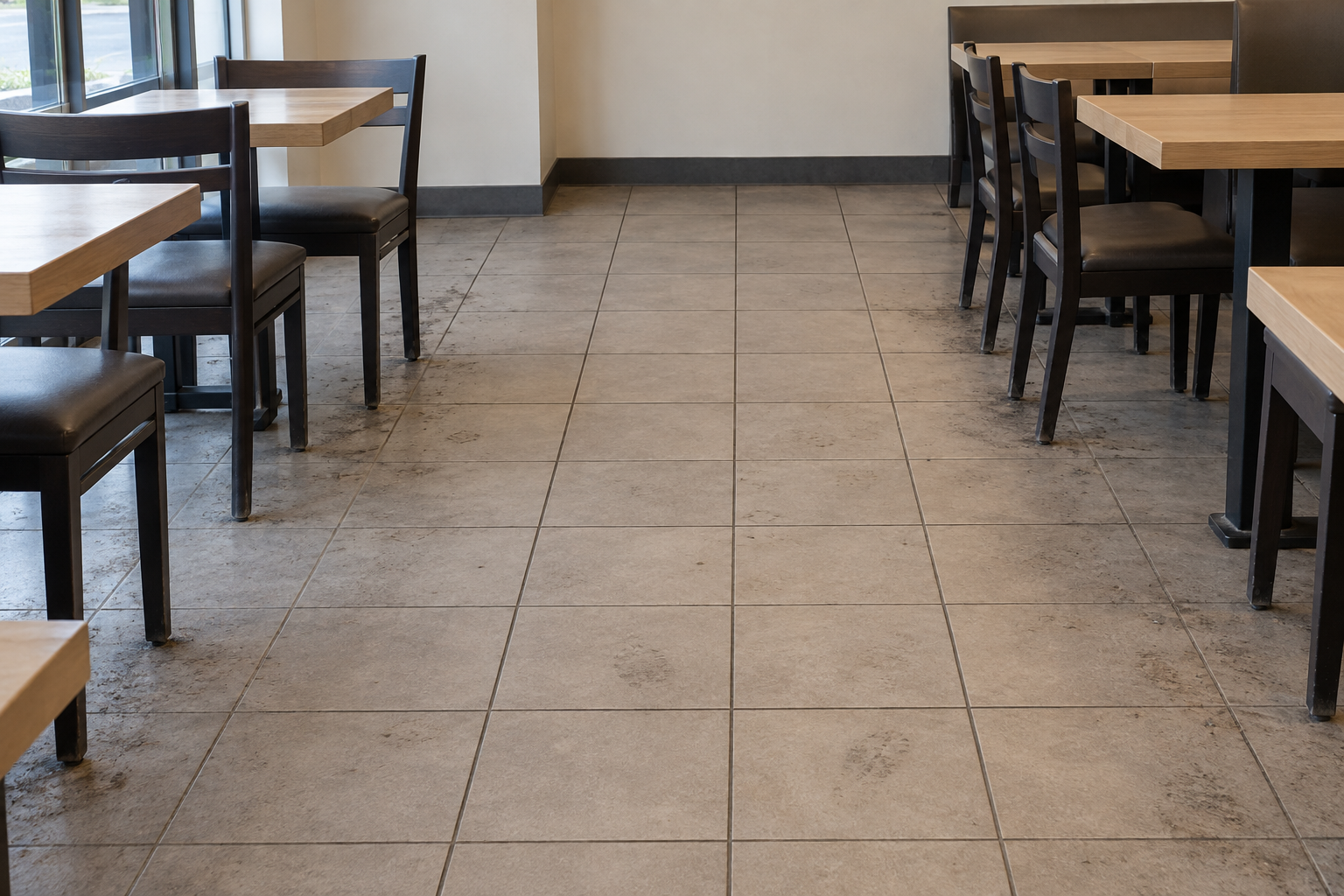 AI-generated illustration of tracked soil and edge buildup on a restaurant dining-area tile floor.