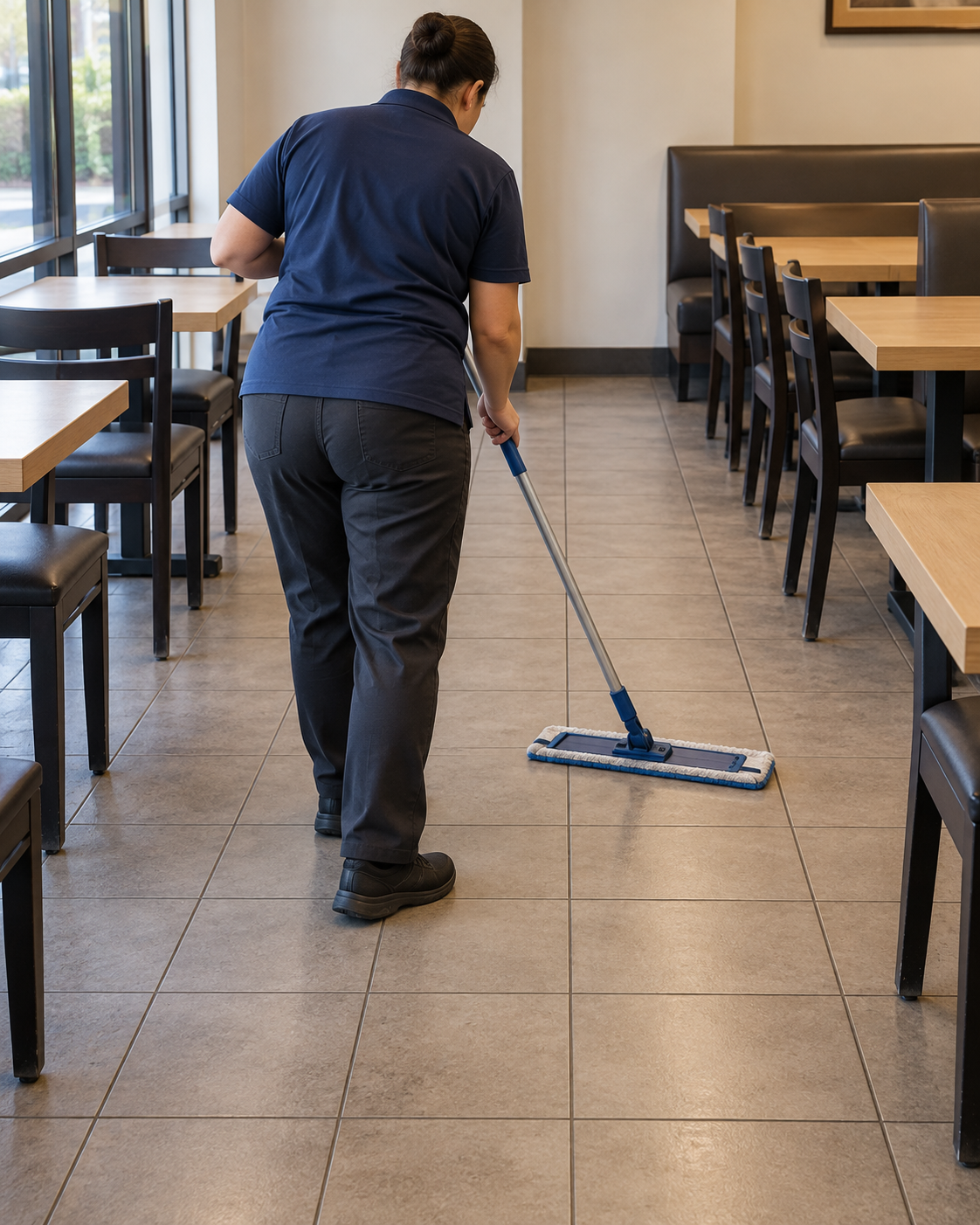 AI-generated illustration of a person mopping a tiled restaurant dining area beside wooden tables and dark chairs.