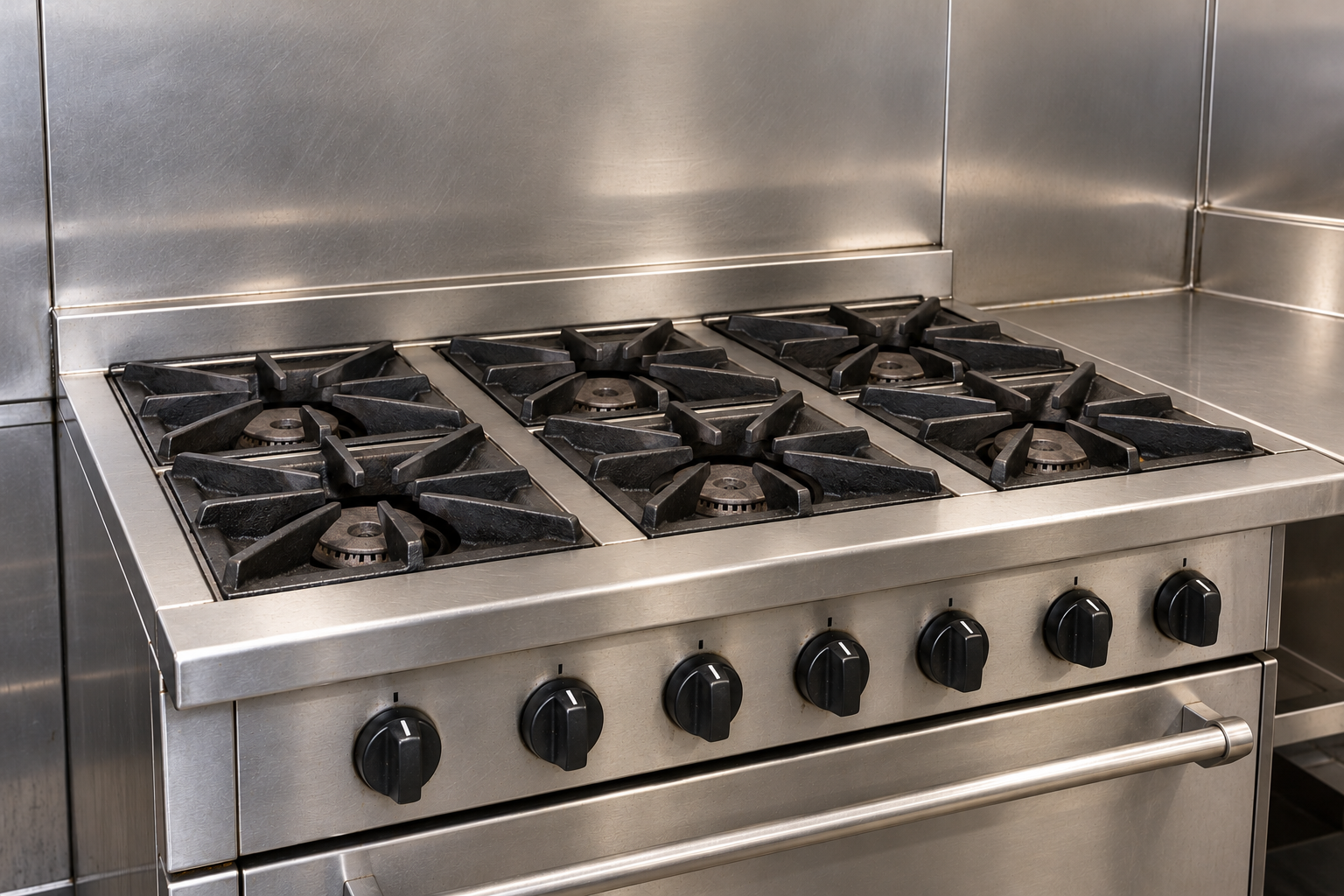 AI-generated illustration of the same commercial stove and adjacent stainless steel wall after cleaning.