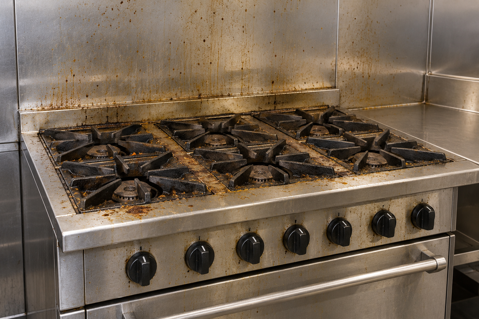 AI-generated illustration of grease and food residue on a commercial stove and adjacent stainless steel wall before cleaning.