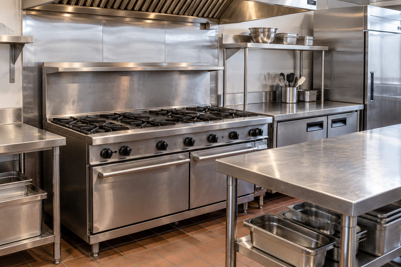 AI-generated illustration of a commercial stove and stainless steel work surfaces in a restaurant kitchen.