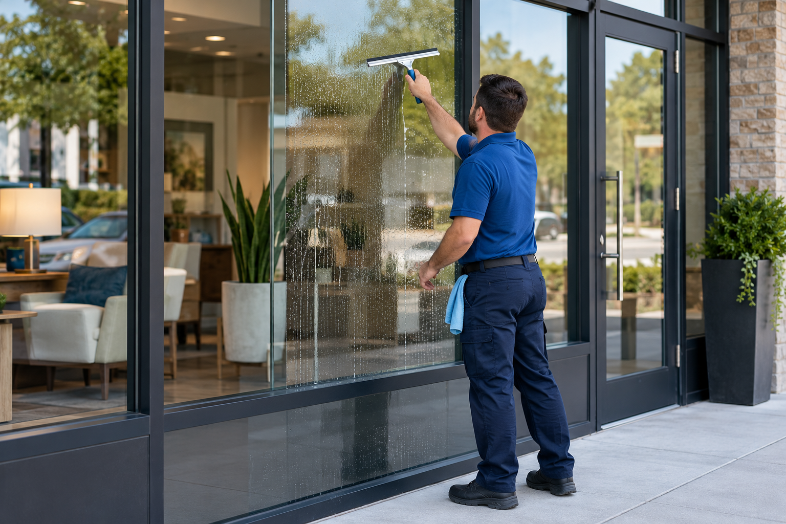 AI-generated illustration of a technician cleaning exterior storefront glass.