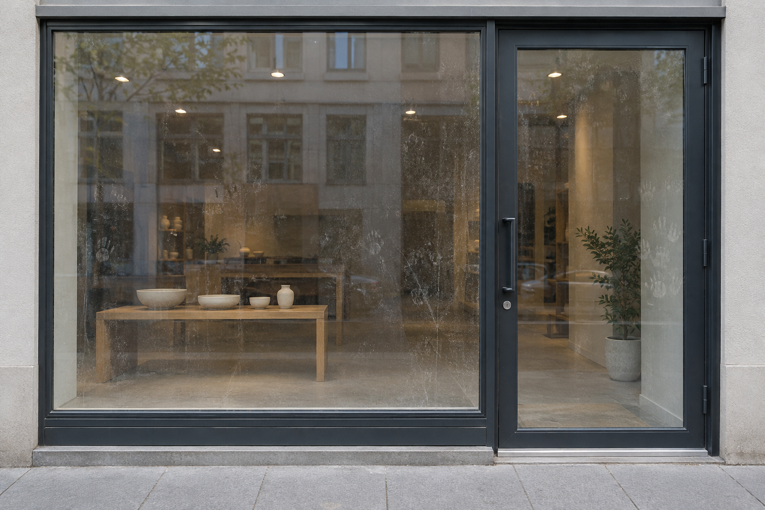 AI-generated illustration of storefront glass with dust, fingerprints, and streaks before cleaning.