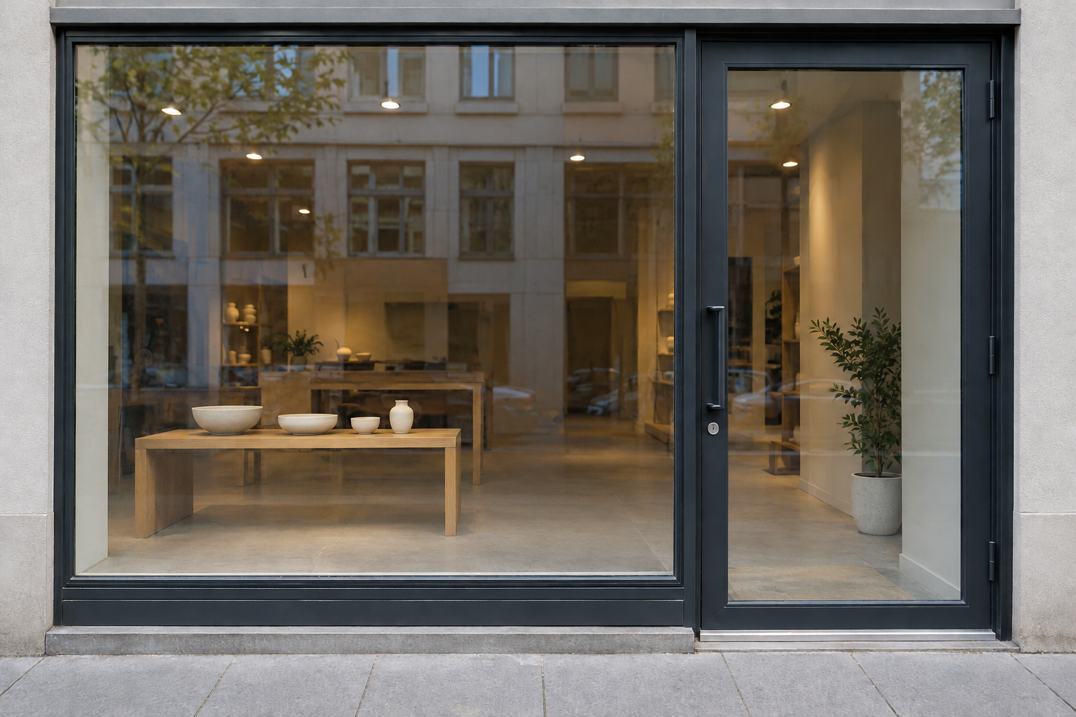 AI-generated illustration of the same storefront glass after surface dirt is removed.