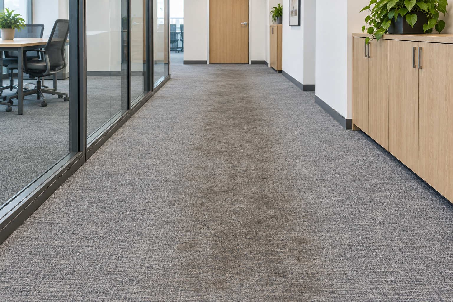 Illustrative office walkway with visible surface soil on the carpet.