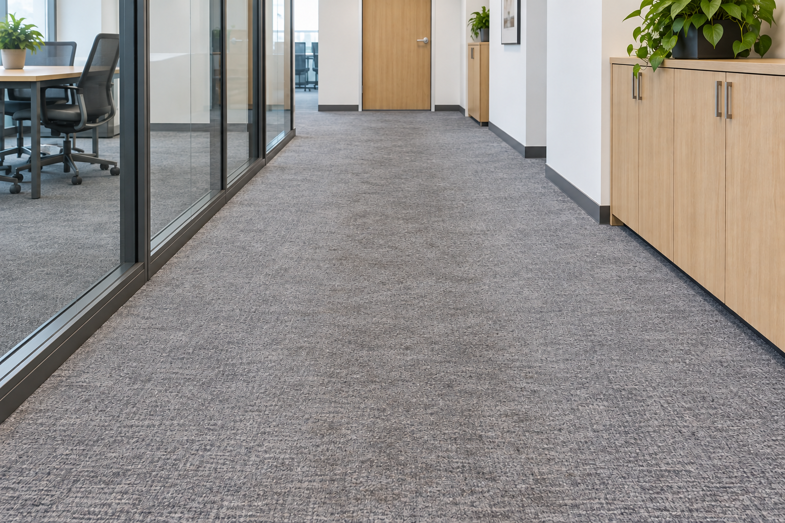 Illustrative view of the same office walkway with reduced visible soil on the carpet.